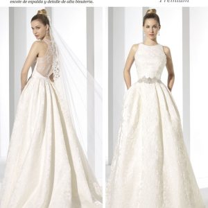 Vestido de novia de brocado con espalda de encaje.