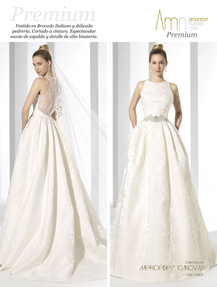 Vestido de novia de brocado con espalda de encaje.