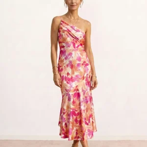 Vestido midi estampado con escote asimétrico