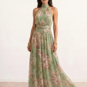 Vestido largo con cuello halter y estampado floral