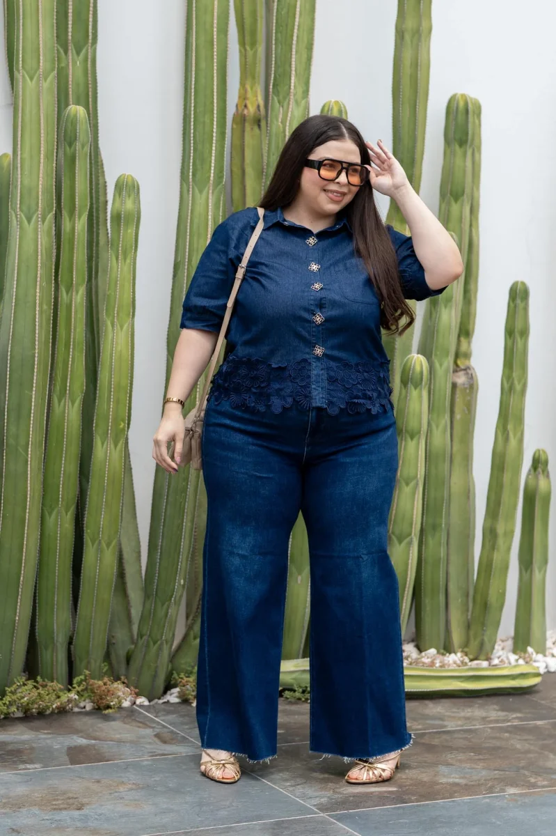 Jeans Wide Leg Crop Liso Curvy Oscuro Algodón - Imagen 4