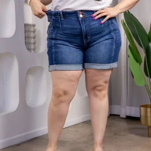 Short Curvy Mezclilla Doblez Cintura Alta Azul