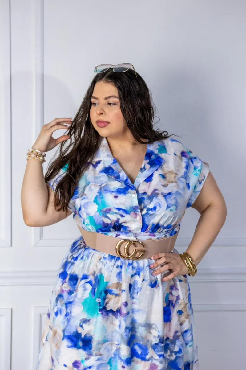 Vestido Curvy Midi Camisero Floral Acuarela Azul Cobalto - Imagen 4