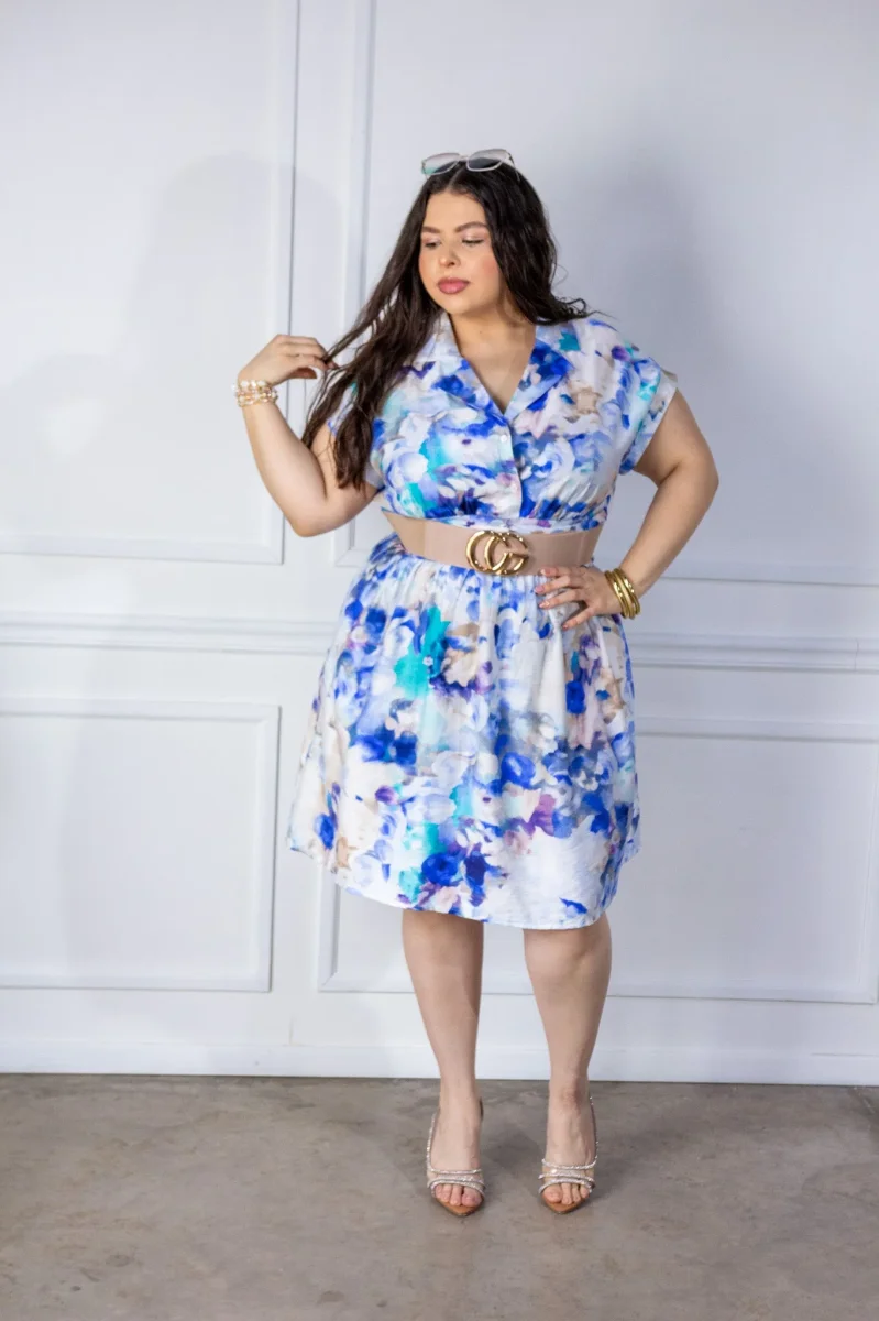 Vestido Curvy Midi Camisero Floral Acuarela Azul Cobalto - Imagen 5