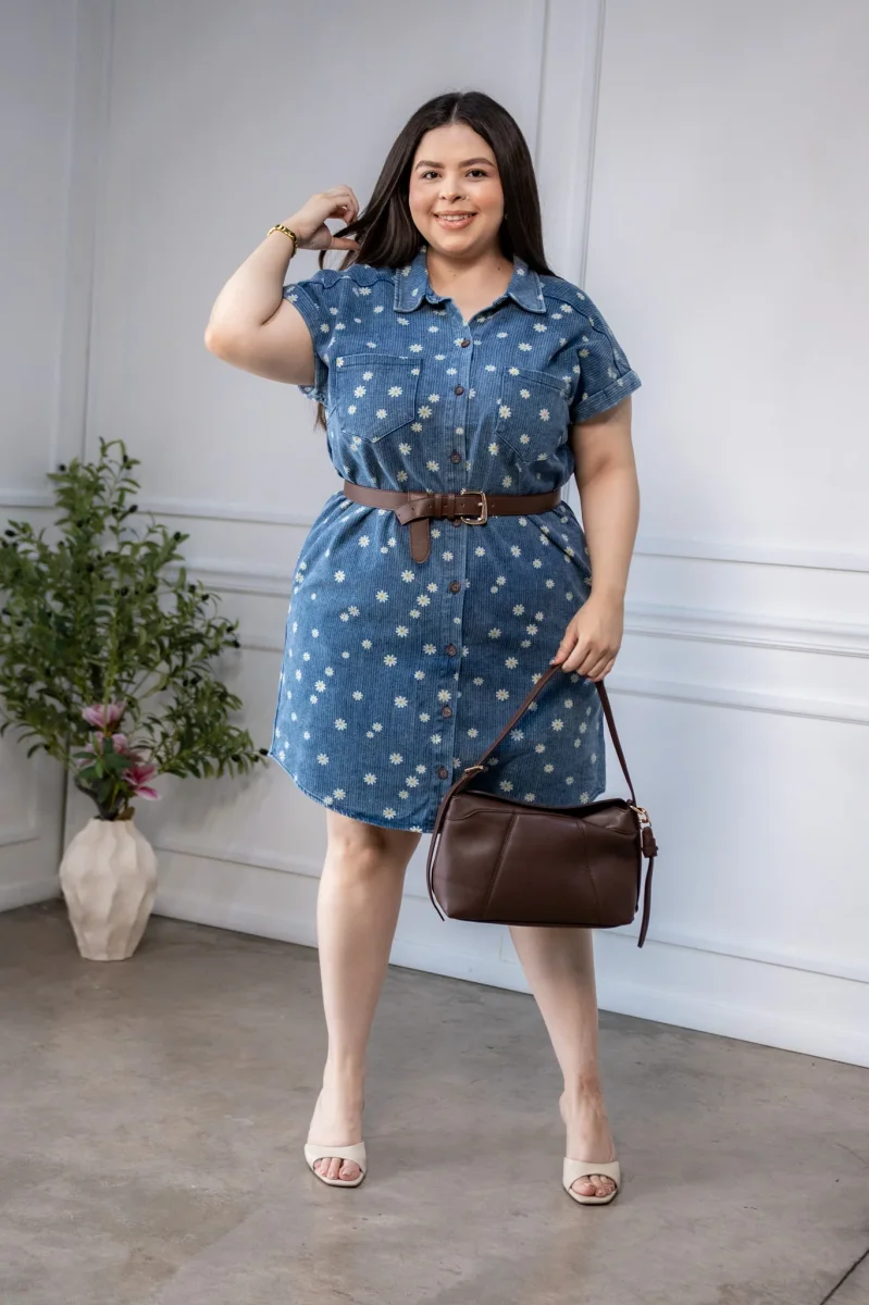 Vestido Curvy Denim Print Margaritas Camisero Azul - Imagen 4