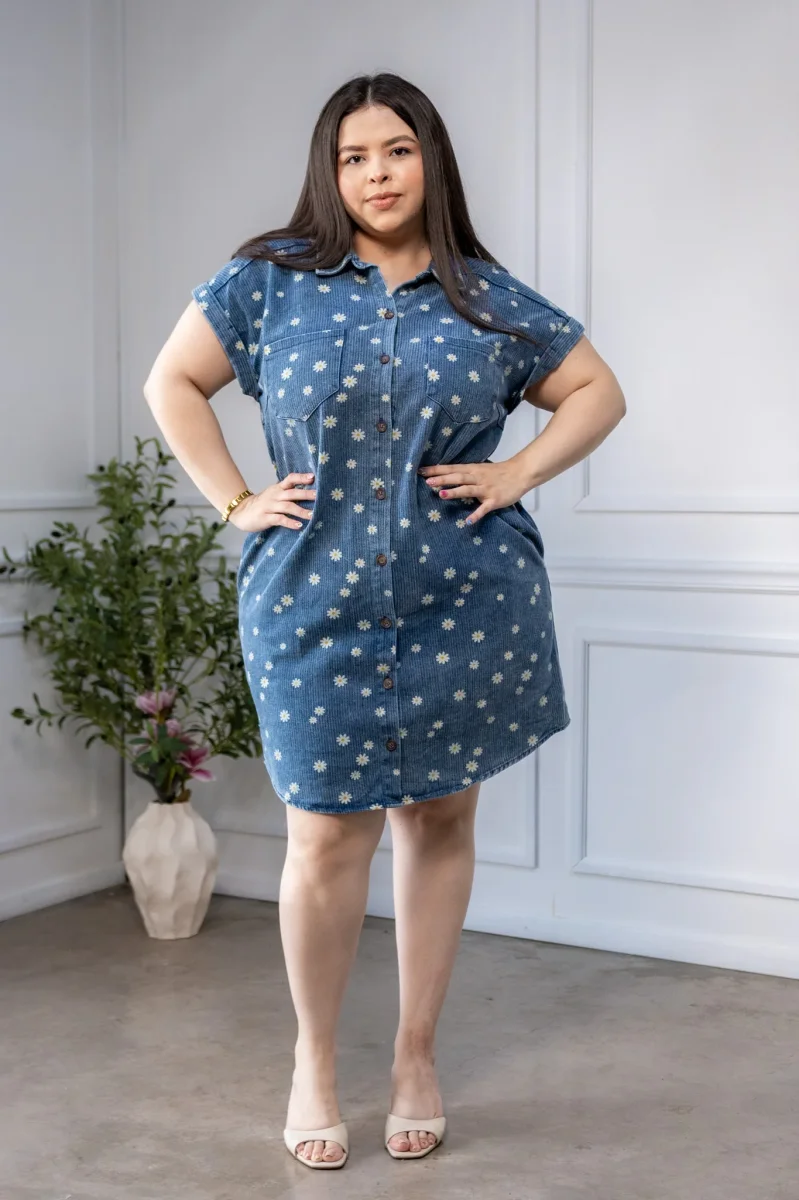 Vestido Curvy Denim Print Margaritas Camisero Azul - Imagen 5