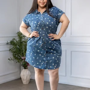 Vestido Curvy Denim Print Margaritas Camisero Azul