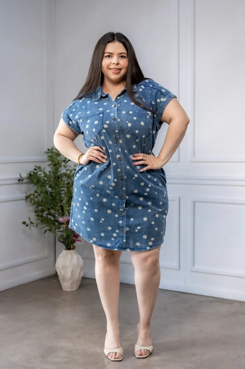 Vestido Curvy Denim Print Margaritas Camisero Azul