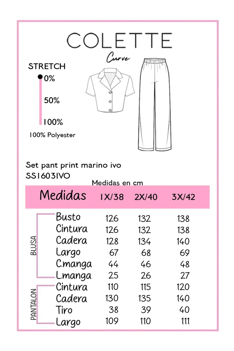 Set Camisa y Pantalon Wide Leg Curvy Estampado Marino Ivory - Imagen 3
