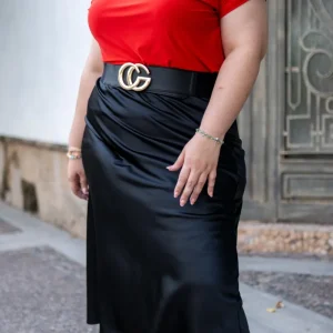 Falda Midi Curvy Satín Fluida Cintura Alta Negro