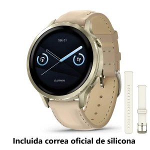 Venu® 4 – 41 mm Bisel dorado con correa de silicona blanca y correa de cuero beige. Nº Ref: 010-03013-03