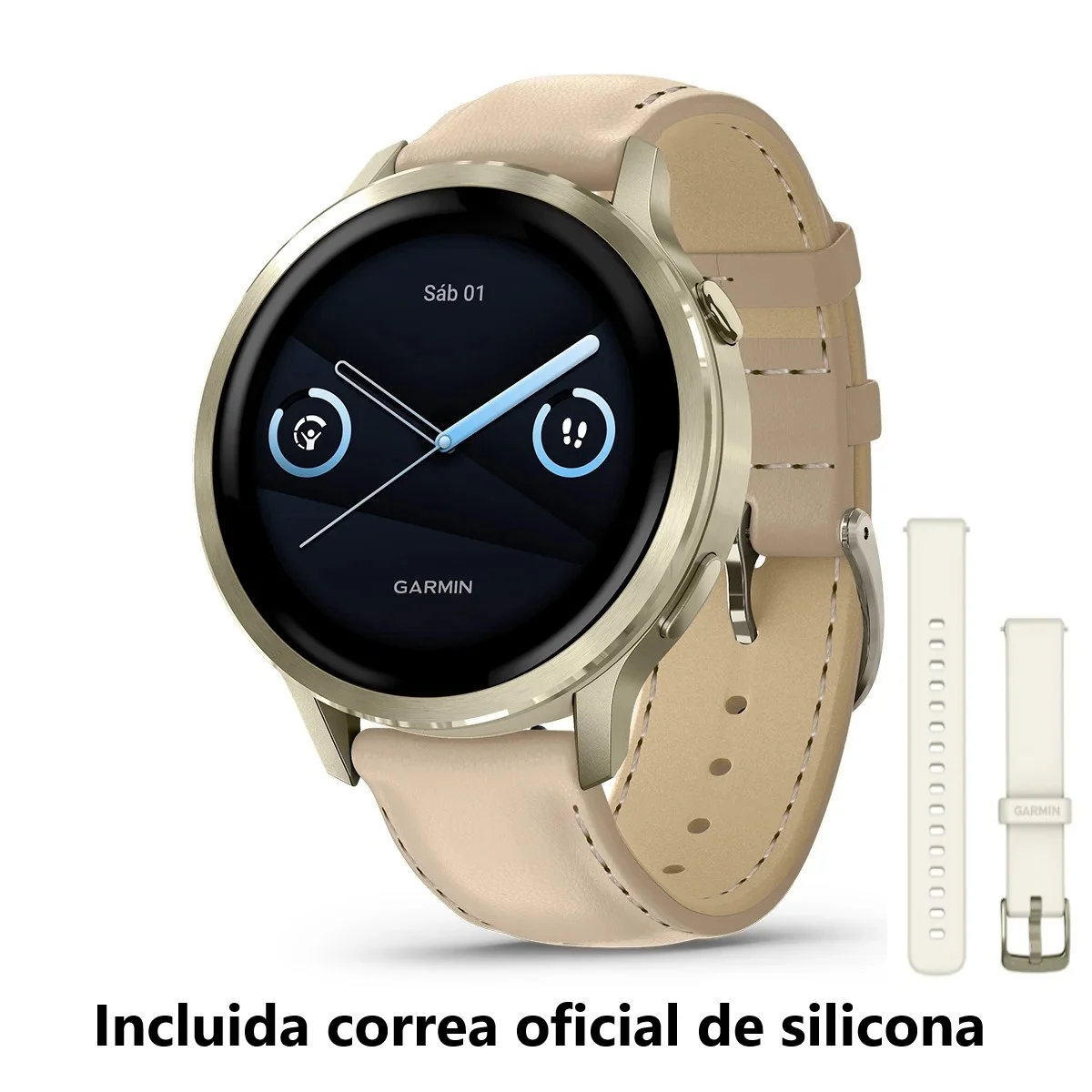 Venu® 4 – 41 mm Bisel dorado con correa de silicona blanca y correa de cuero beige. Nº Ref: 010-03013-03