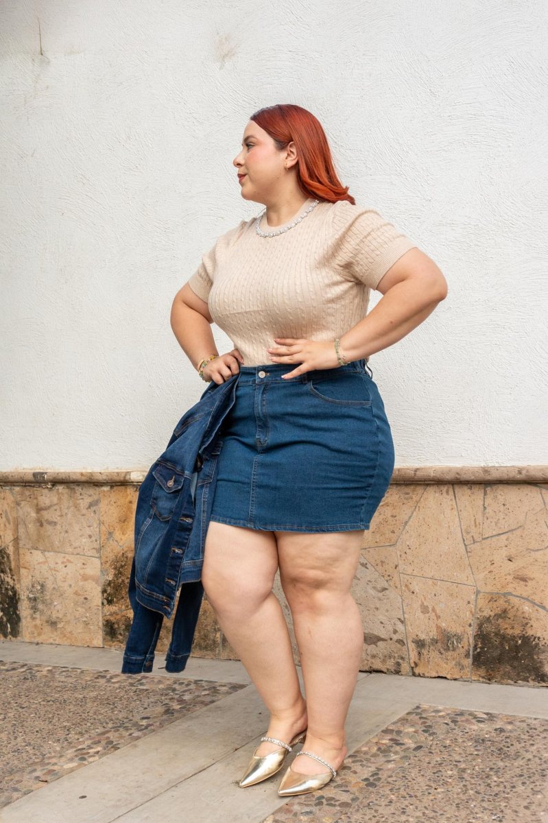 Falda Mini Curvy Denim Lisa Bolsillos Oscuro - Imagen 2