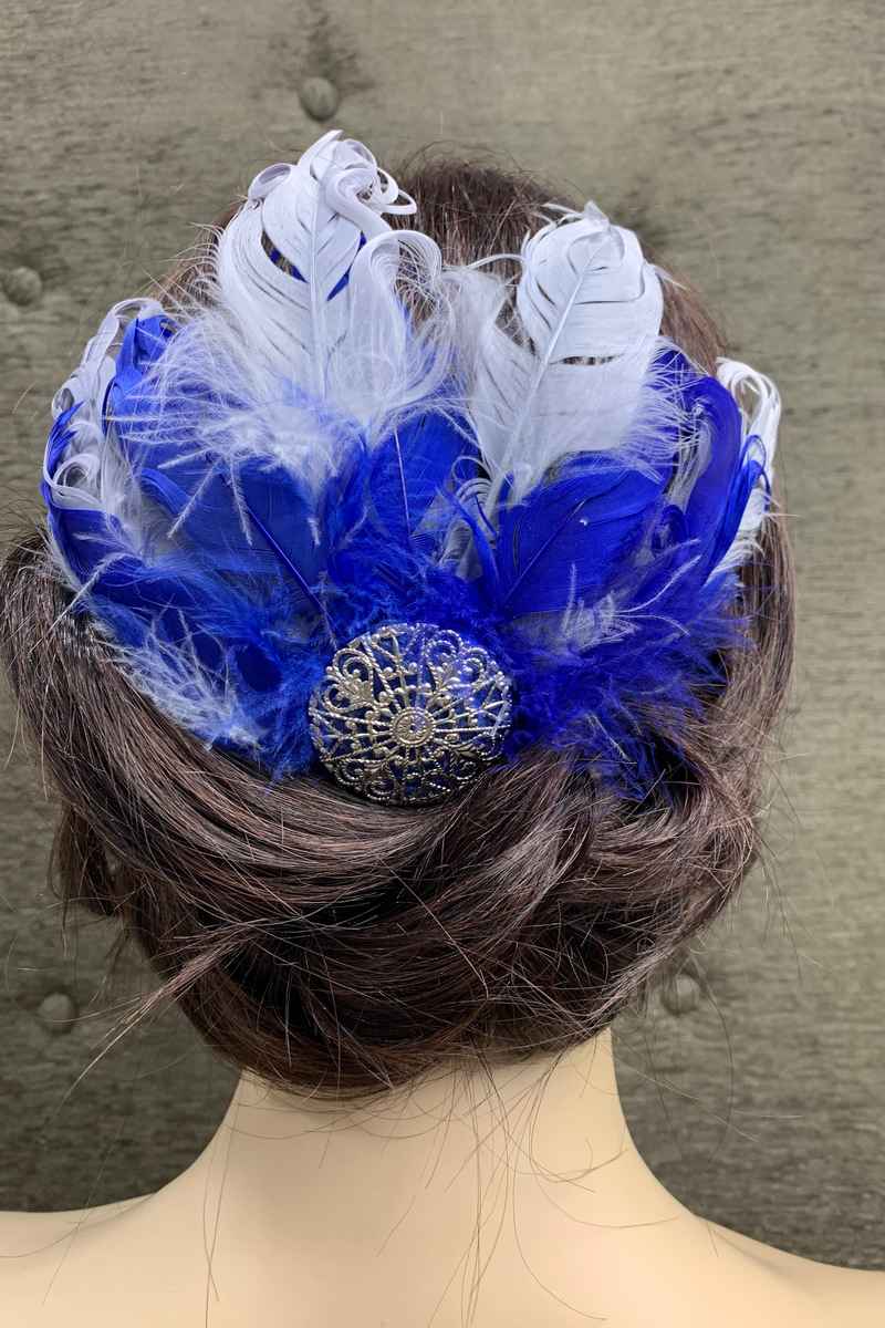 Tocado Plata y Azul en preciosas plumas