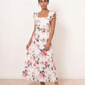Vestido midi floral plisado con volantes