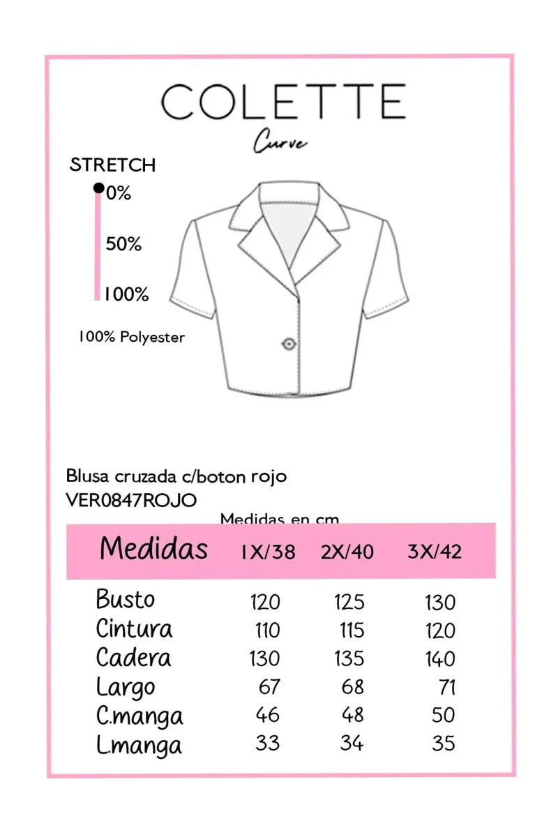 Blusa Cruzada Curvy Solapa Botón Manga Corta Rojo - Imagen 3
