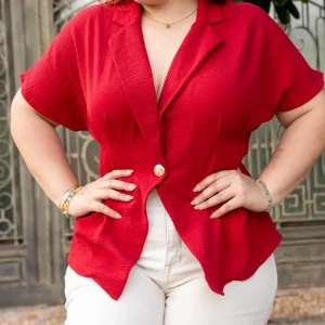 Blusa Cruzada Curvy Solapa Botón Manga Corta Rojo