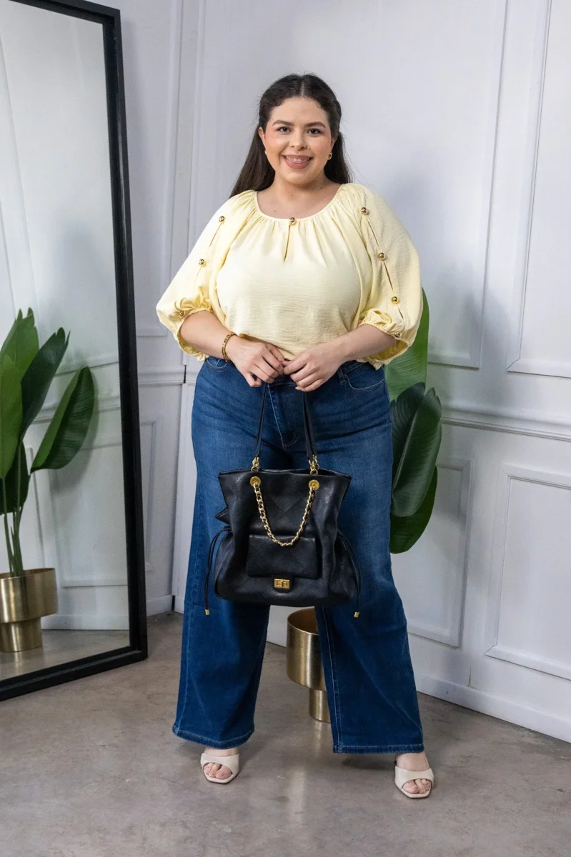 Blusa Curvy Botones Mangas Faról Amarillo - Imagen 4