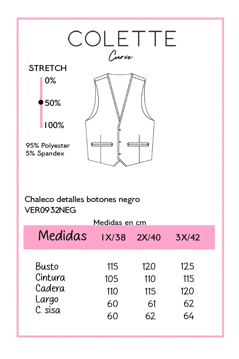 Chaleco Detalle Botones Curvy Negro - Imagen 3
