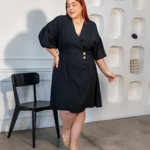 Vestido Midi Detalle Botón Curvy Negro