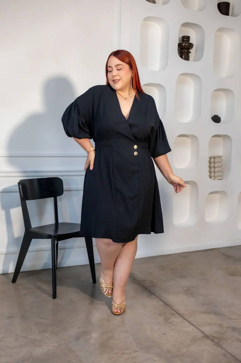 Vestido Midi Detalle Botón Curvy Negro - Imagen 2