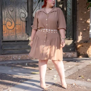 Vestido Midi Curvy Camisero Manga Corta Beige