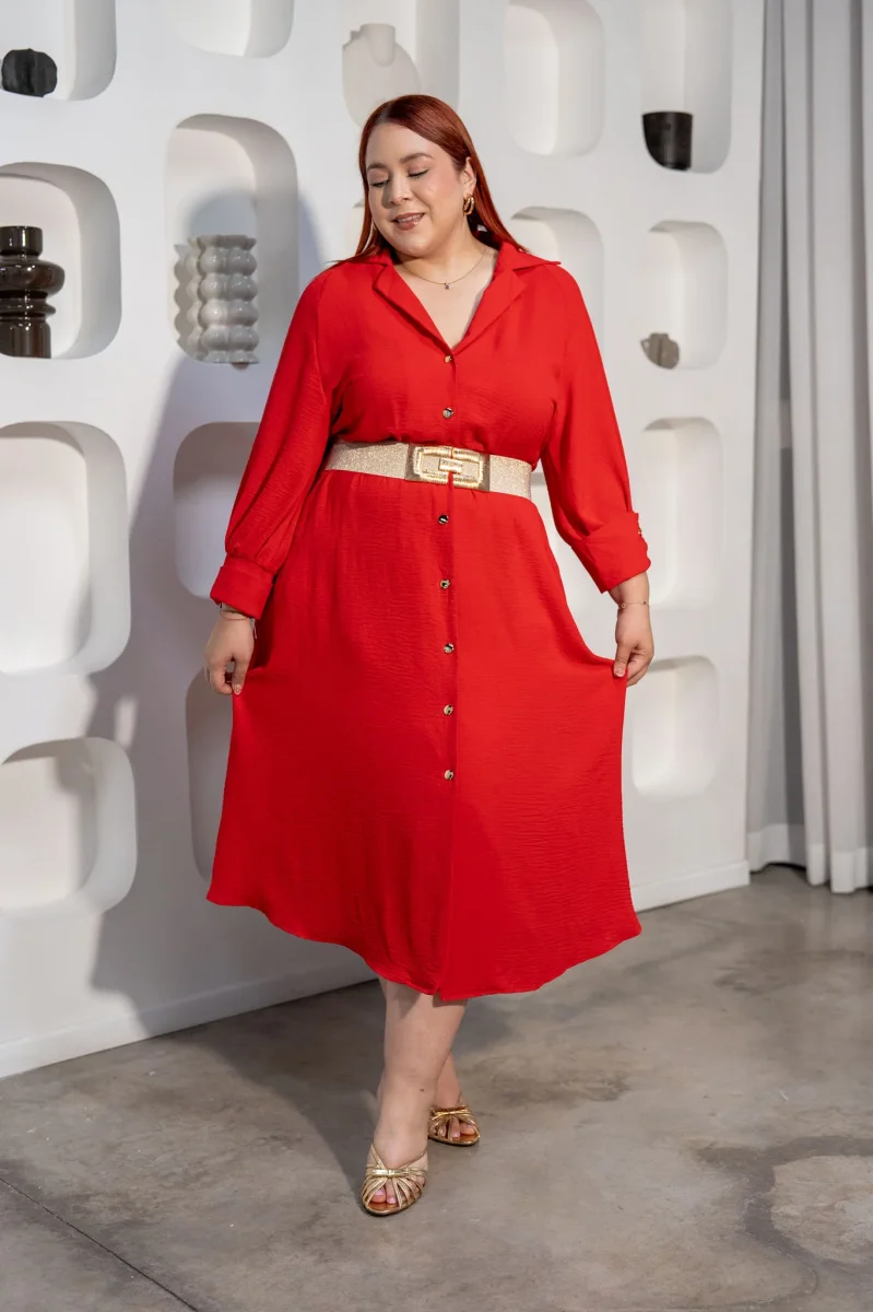 Vestido Midi Camisero con Cinto Curvy Rojo - Imagen 4