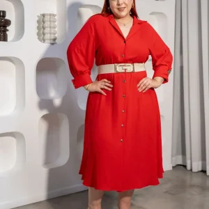 Vestido Midi Camisero con Cinto Curvy Rojo
