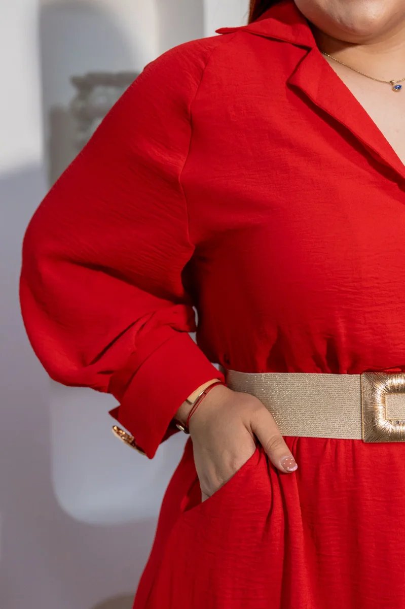 Vestido Midi Camisero con Cinto Curvy Rojo - Imagen 6