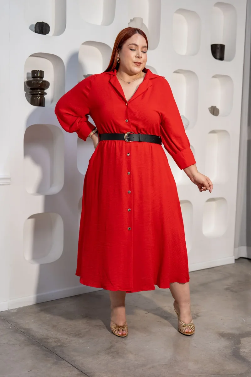 Vestido Midi Camisero con Cinto Curvy Rojo - Imagen 7