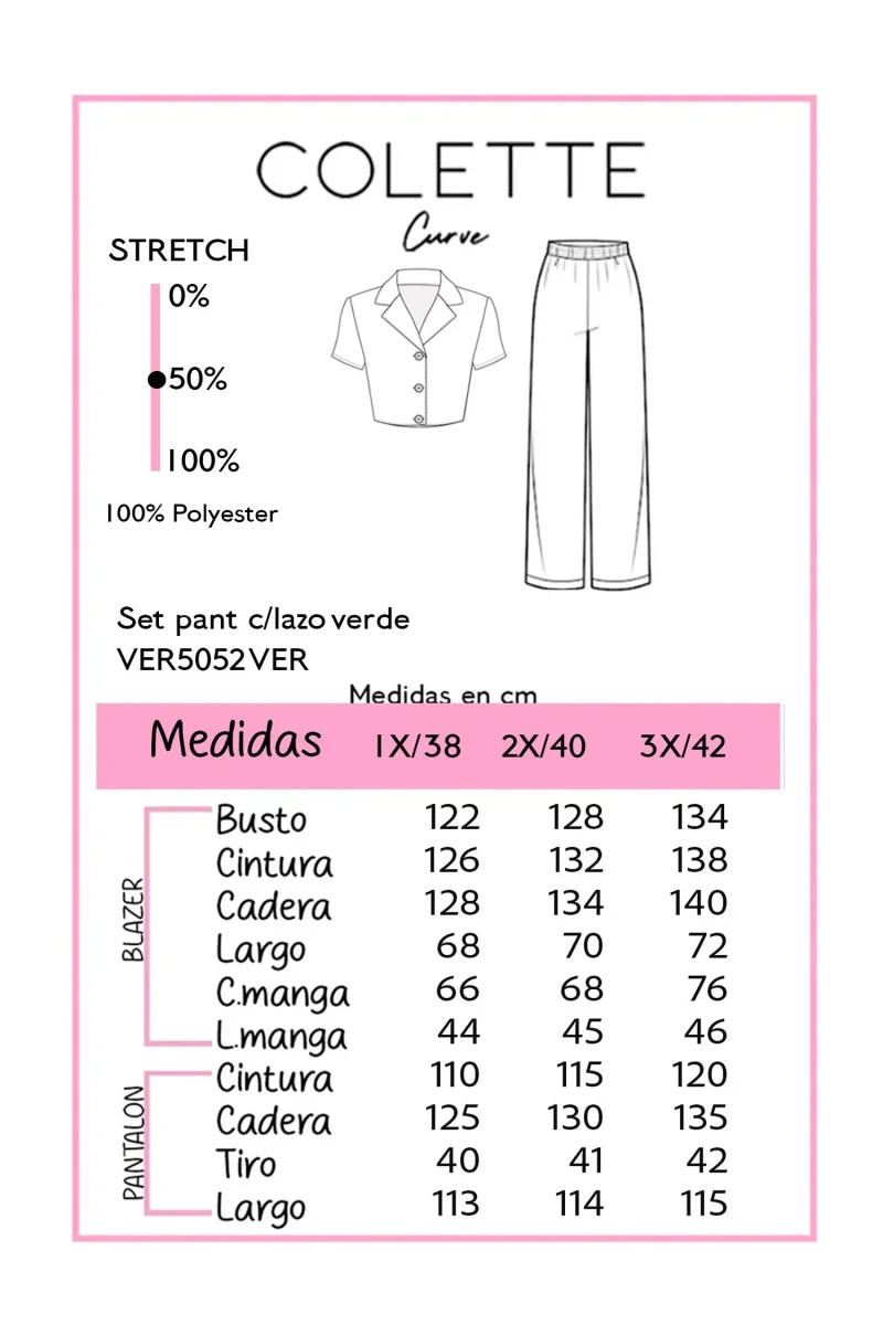 Set Blusa y Pantalon Wide Leg Curvy Manga Corta con Lazo Verde - Imagen 3