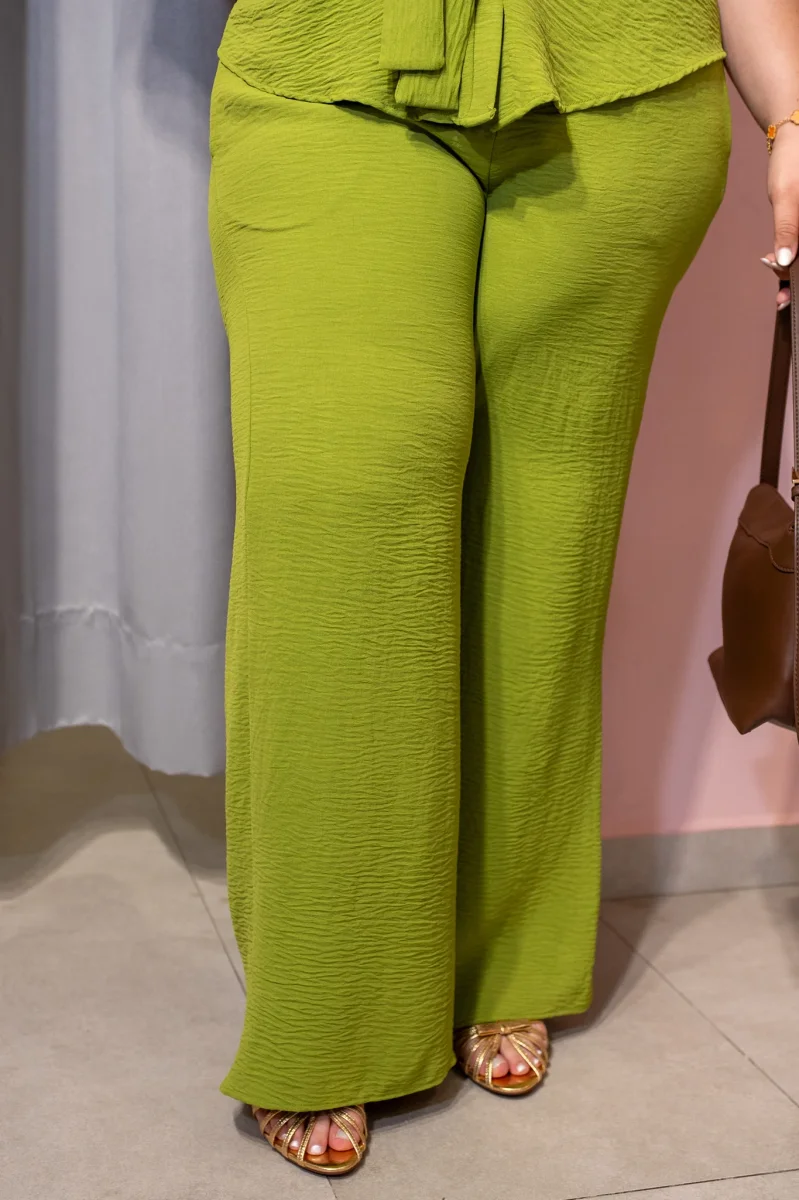 Set Blusa y Pantalon Wide Leg Curvy Manga Corta con Lazo Verde - Imagen 8