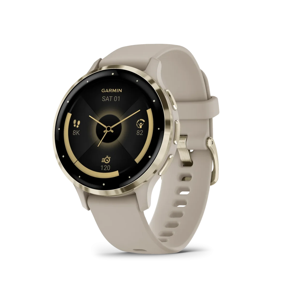 Venu® 3S Bisel de acero inoxidable de color beige gold con caja y correa de silicona en beige gold, 010-02785-02
