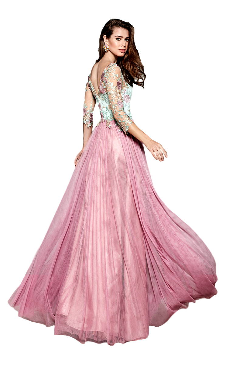 Vestido de fiesta con falda de tul y cuerpo de encaje. - Imagen 3