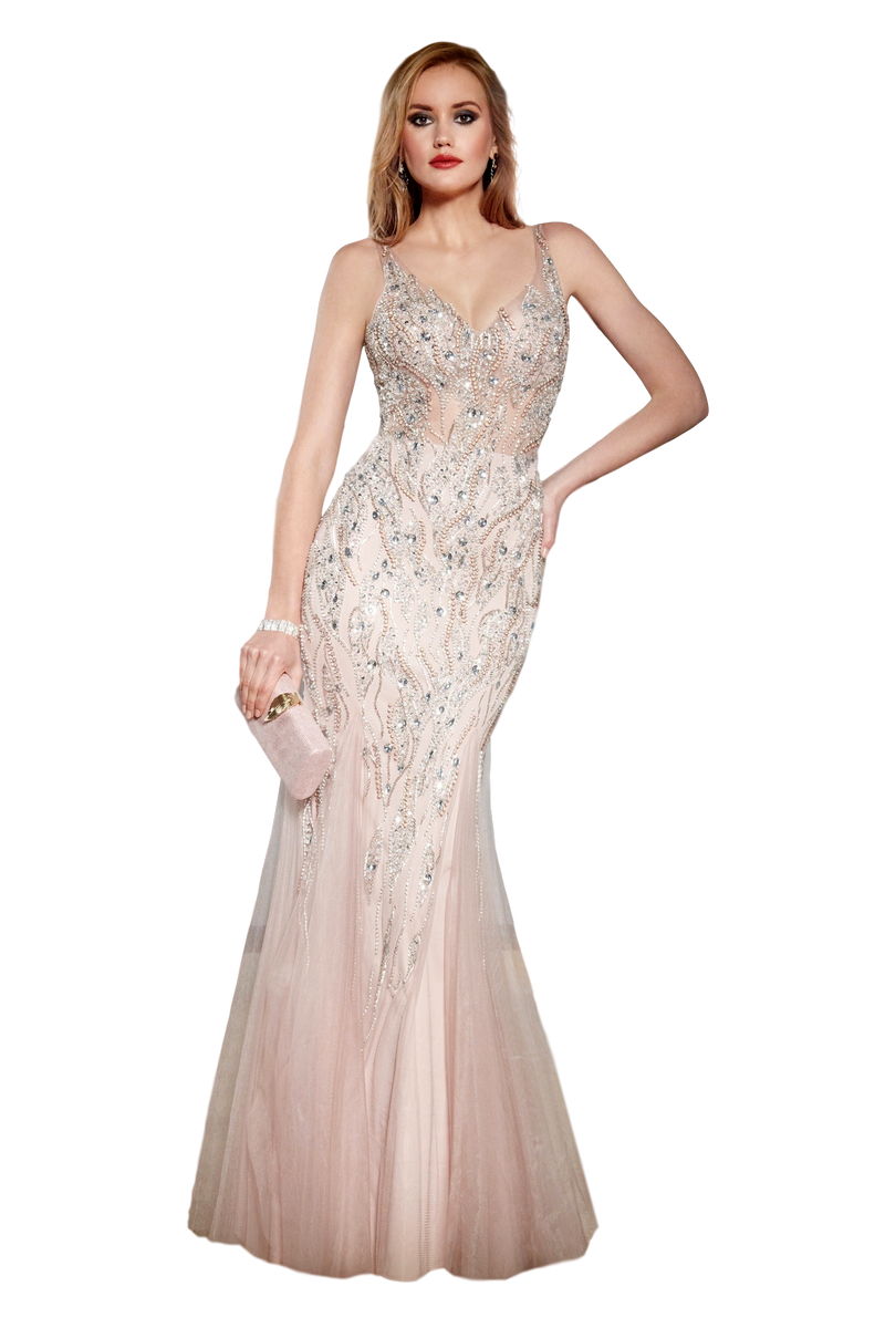 Vestido largo de tul bordado en pedrería. - Imagen 2