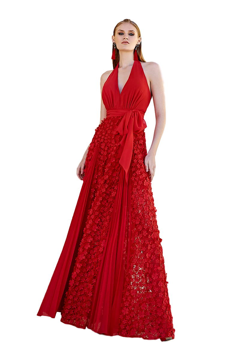 Vestido de fiesta con falda de vuelo y flores incrustada del mismo tejido.