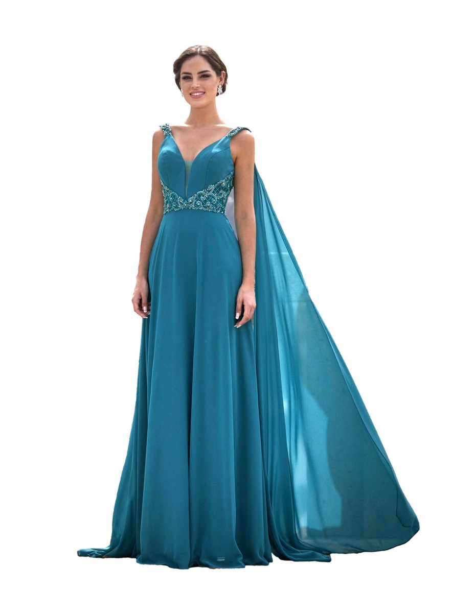 Vestido de gasa con tirantes y pedrería especial tallas grandes.