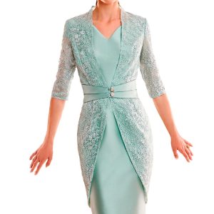 Vestido corto de Mikado de Seda con Abrigo de Encaje.