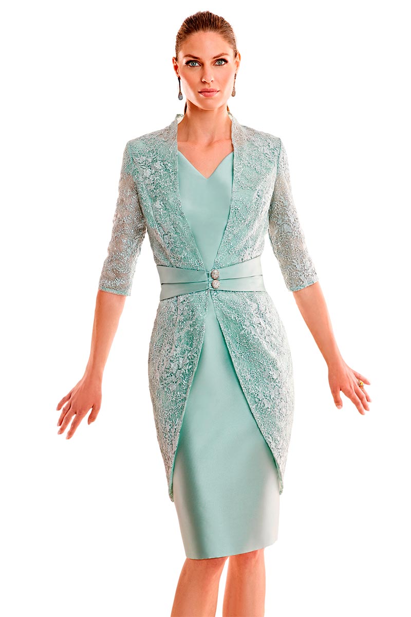 Vestido corto de Mikado de Seda con Abrigo de Encaje.