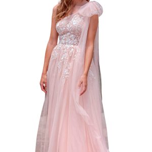 Vestido largo de invitada o dama en tul rosa empolvado.