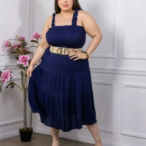 Vestido Curvy Midi Escote Recto con Resorte Navy