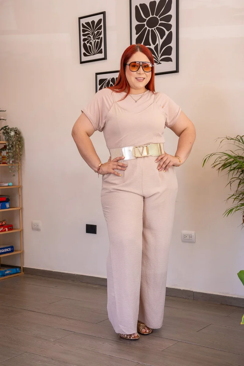 Palazzo Curvy Crepé Cintura Elástica Wide Leg Nude - Imagen 9