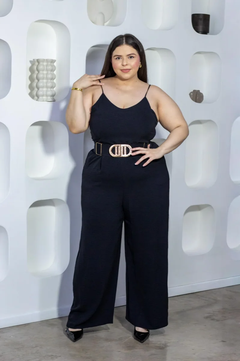 Palazzo liso negro curvy con strech
