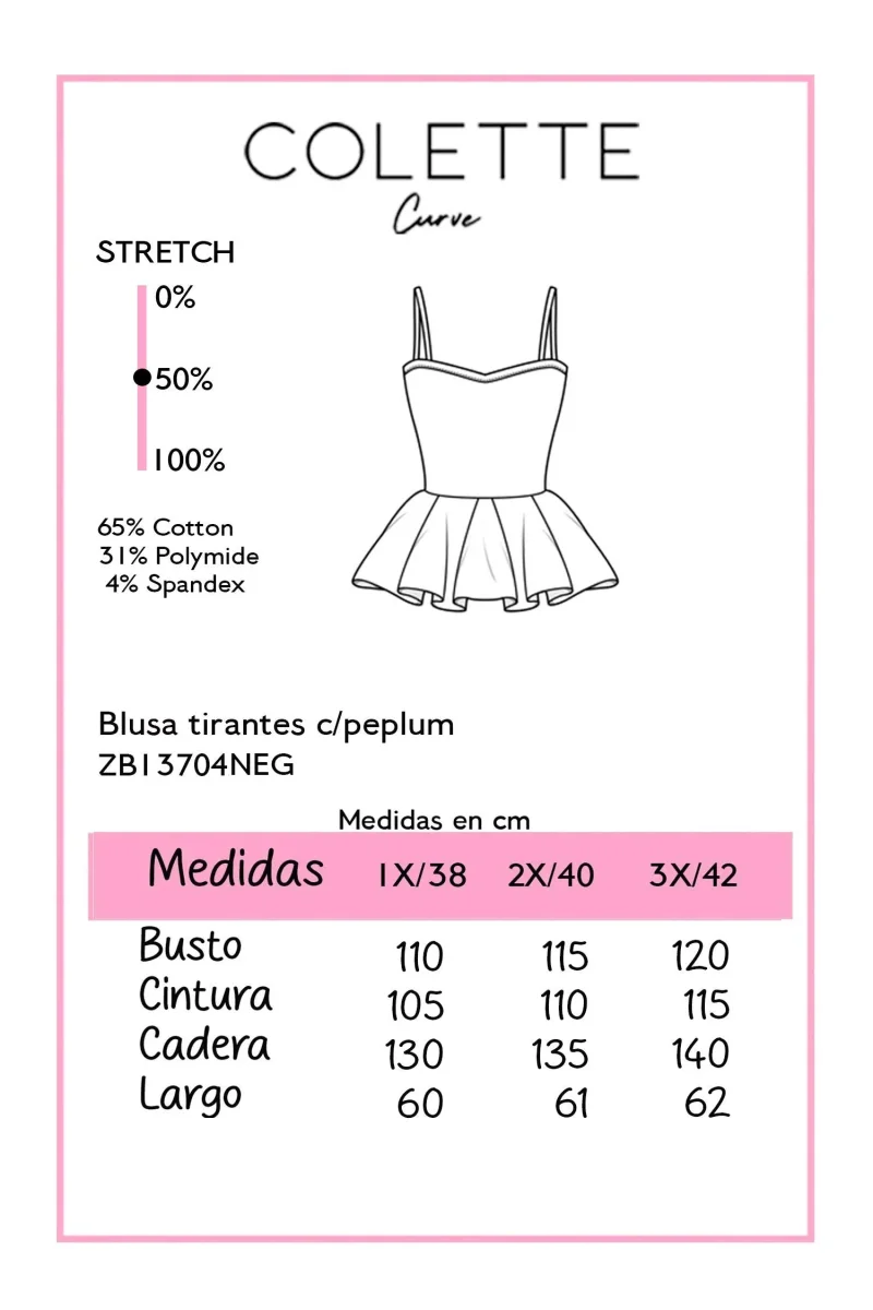 Blusa Curvy Tirantes Peplum Negra - Imagen 3