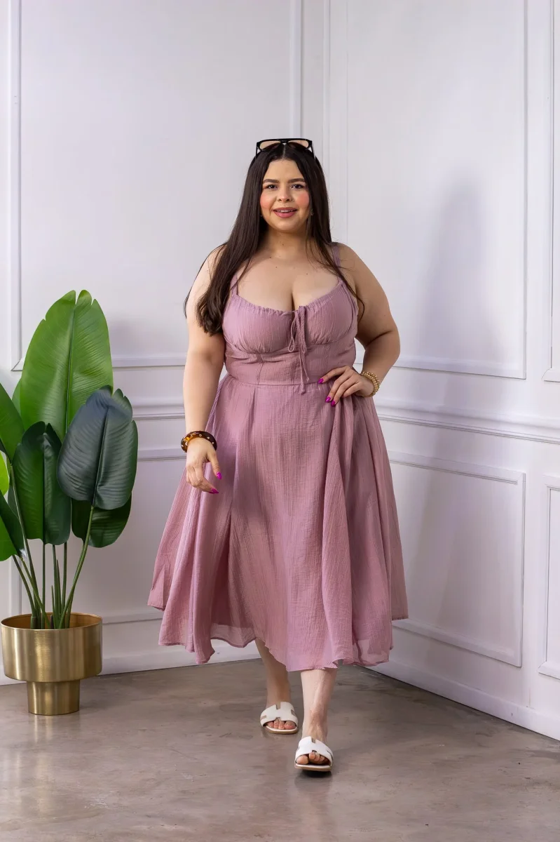Vestido Curvy Midi Rosa Palo Tirantes Lazo Frente - Imagen 2