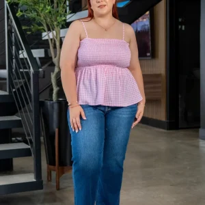 Blusa Curvy Tirantes Print Cuadros Rosa