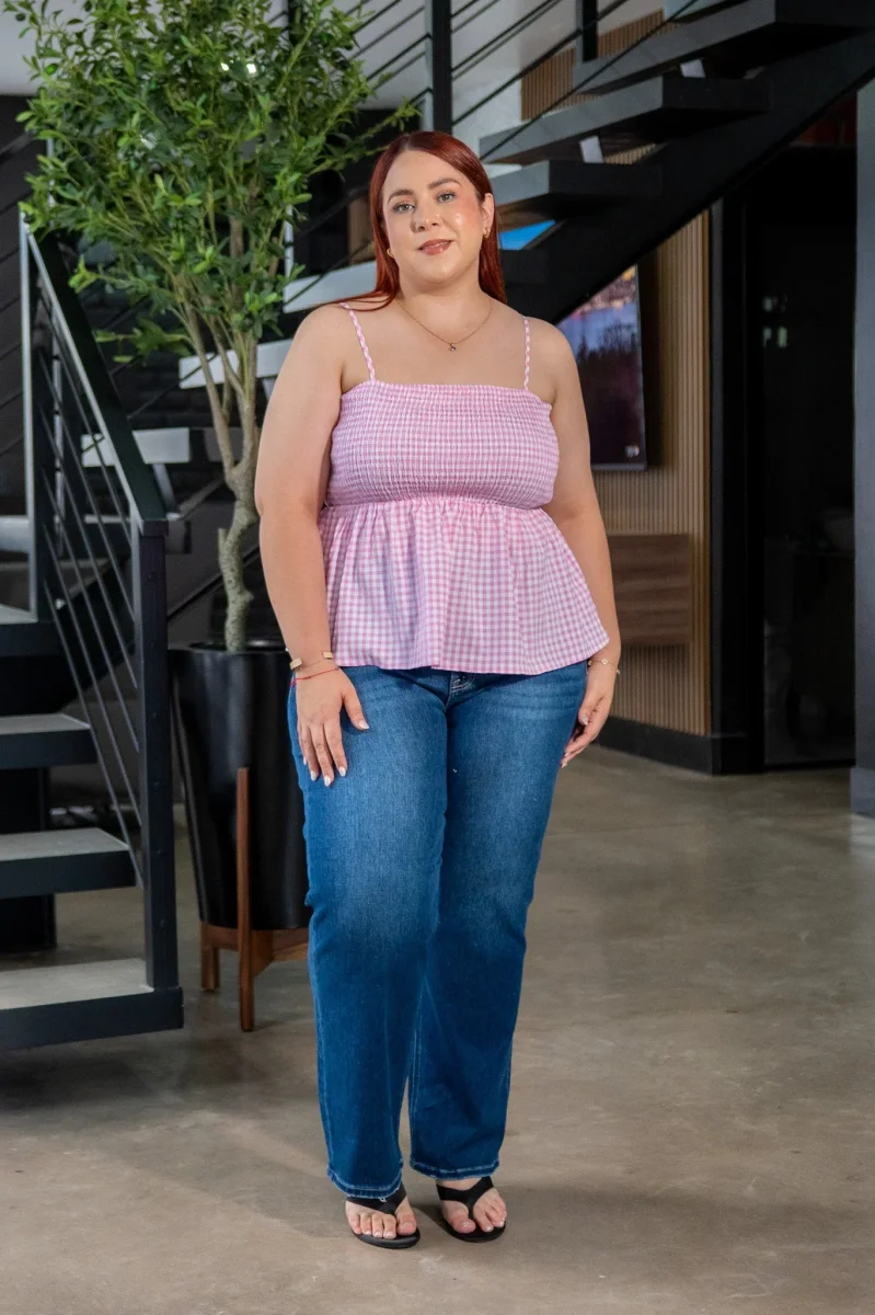 Blusa Curvy Tirantes Print Cuadros Rosa - Imagen 2