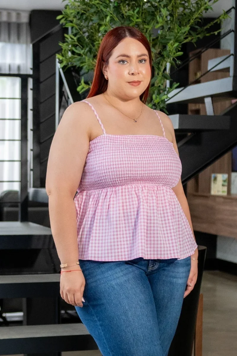Blusa Curvy Tirantes Print Cuadros Rosa - Imagen 7
