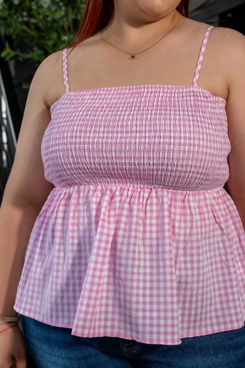 Blusa Curvy Tirantes Print Cuadros Rosa - Imagen 5