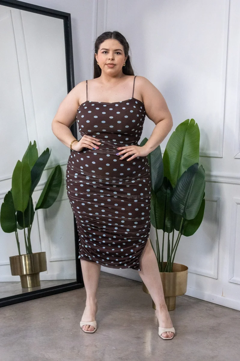 Vestido Midi Curvy Mesh Polka Dots Café